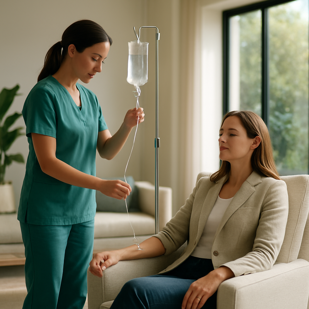 A licensed nurse setting up an IV vitamin drip for a relaxed client at home